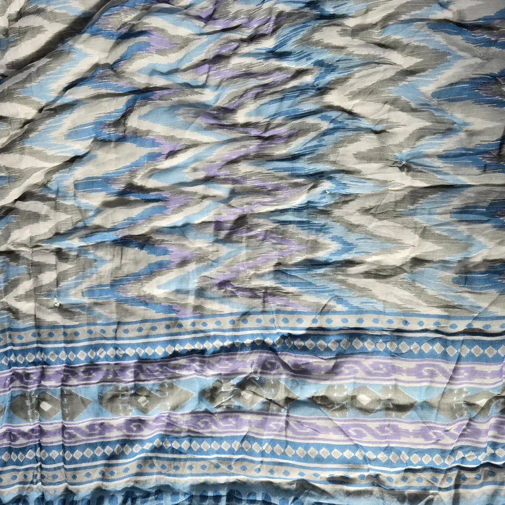 Hand Block Printed Jaipuri Cotton Quilt – Blue & Purple Geo Stripes (90X108 Inches)